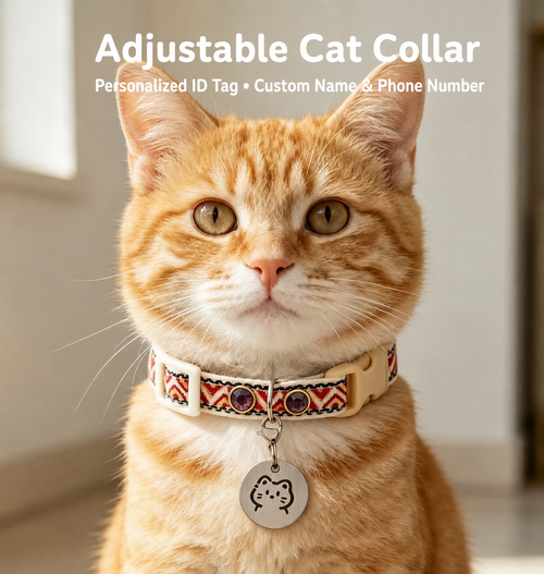 Orange cat wearing Personalized Boho Cat Collar with custom ID tag