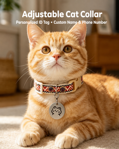 Orange cat wearing adjustable personalized cat collar