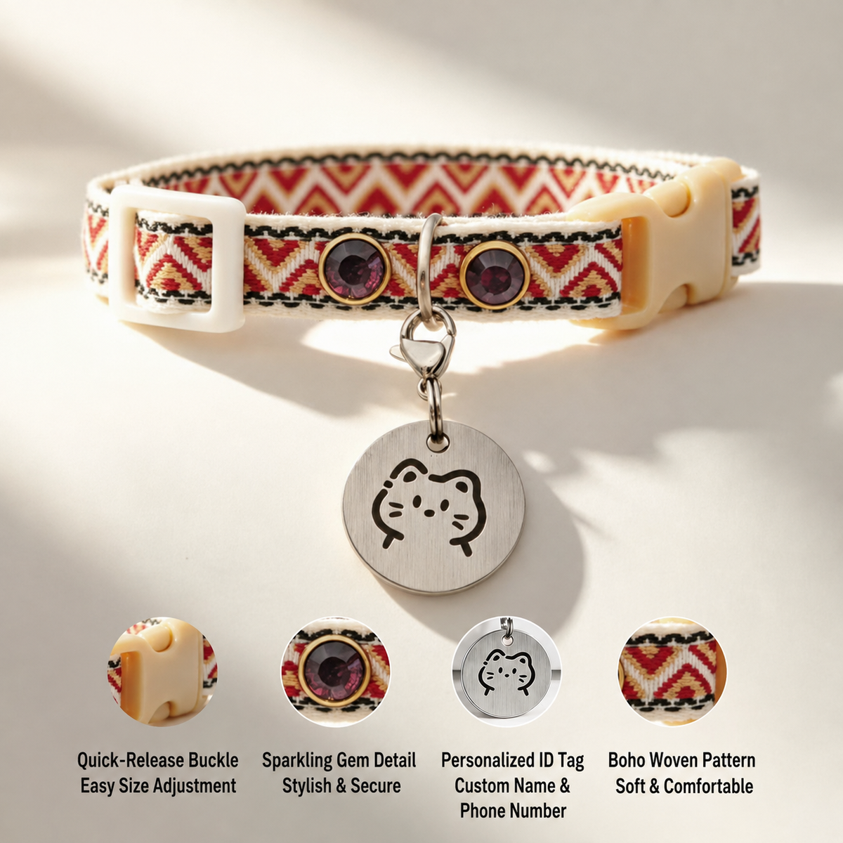 Cat collar quick-release buckle, gem detail, ID tag, and woven pattern features