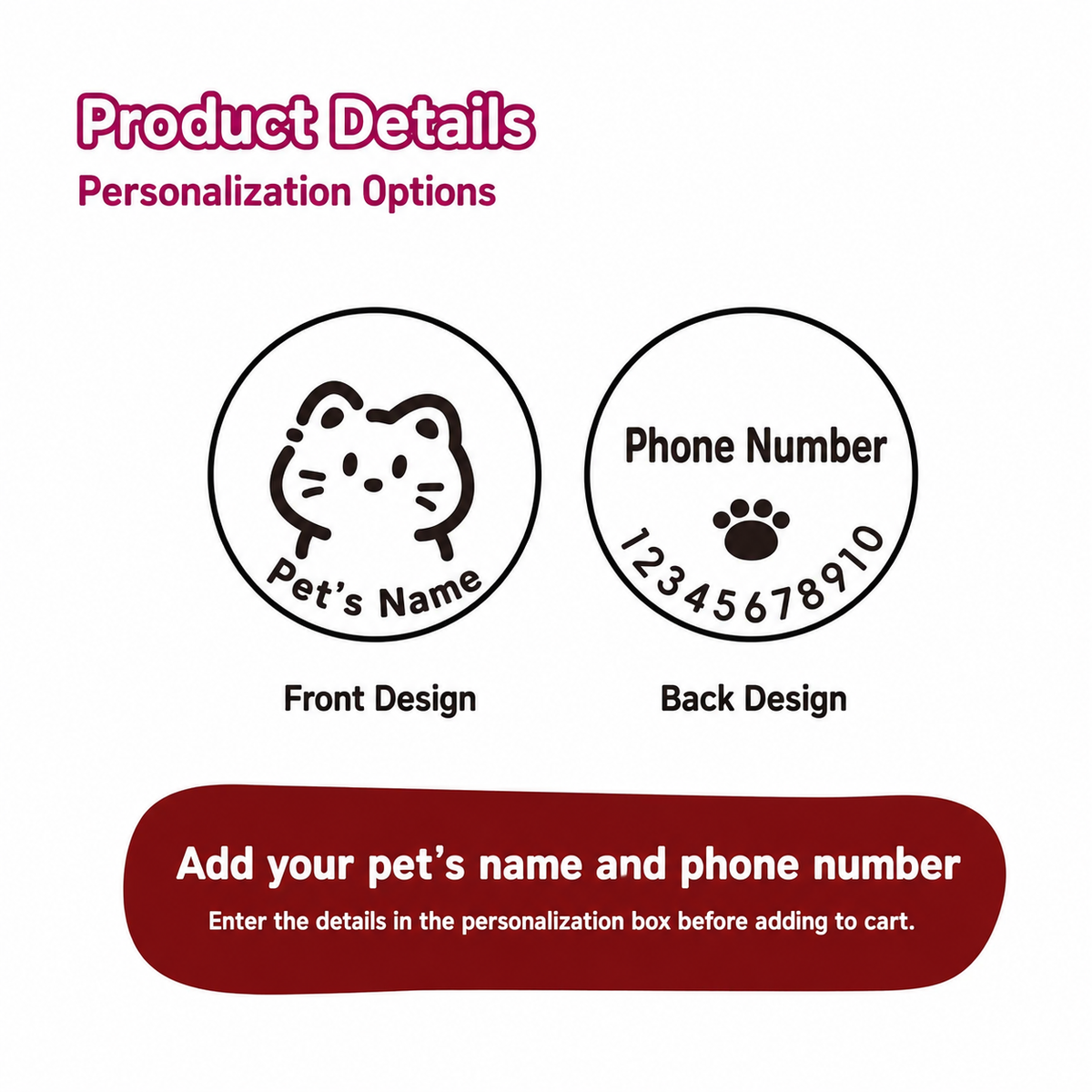 Personalized cat collar ID tag front and back engraving guide