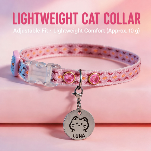 Lightweight pink cat collar with LUNA ID tag