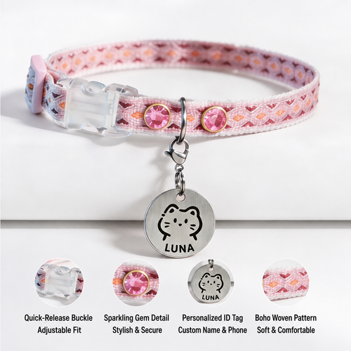 Pink cat collar product details and LUNA ID tag