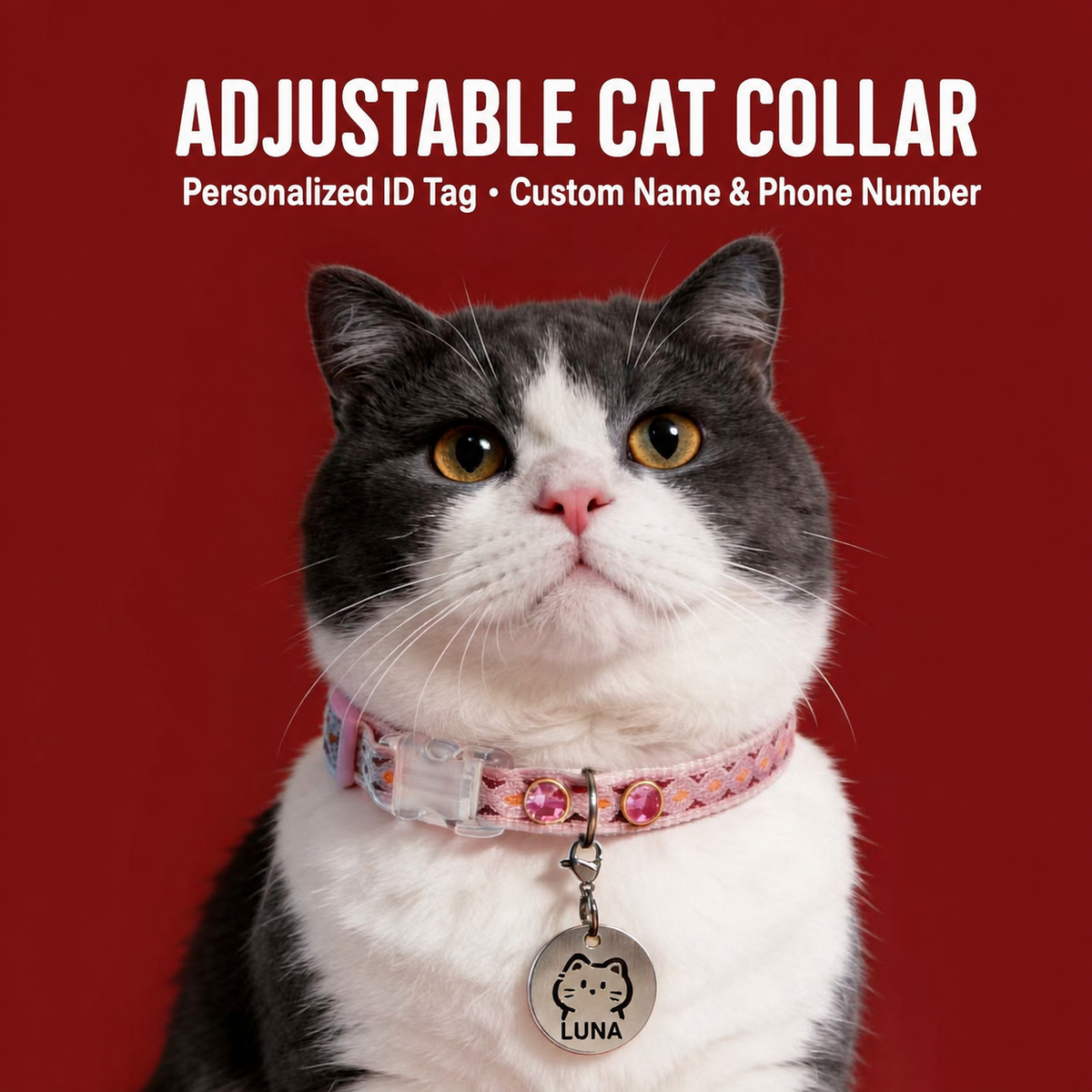 Cat wearing pink personalized collar with LUNA tag