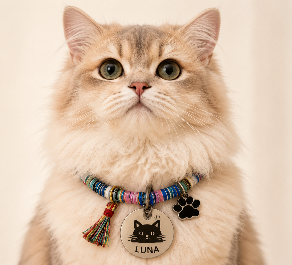 Cat wearing colorful personalized collar with LUNA tag