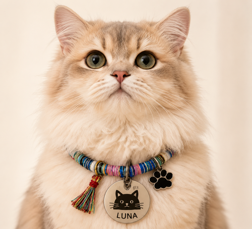 Cat wearing colorful personalized collar with LUNA tag