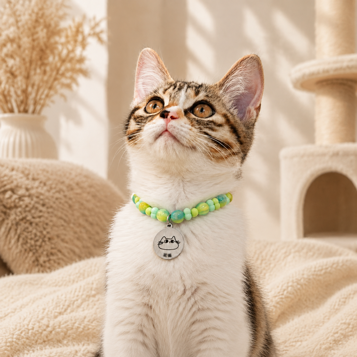 Cat wearing a personalized green beaded pet necklace
