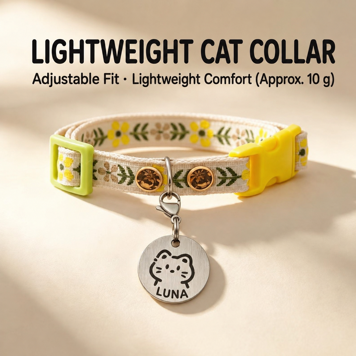 Meadow cat collar with LUNA personalized ID tag