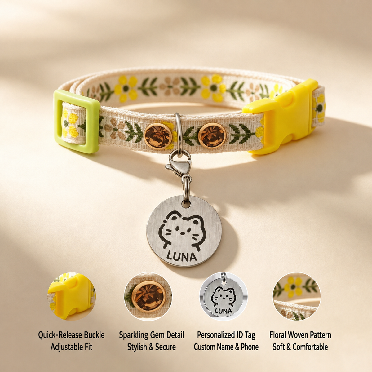 Meadow cat collar features and LUNA personalized ID tag