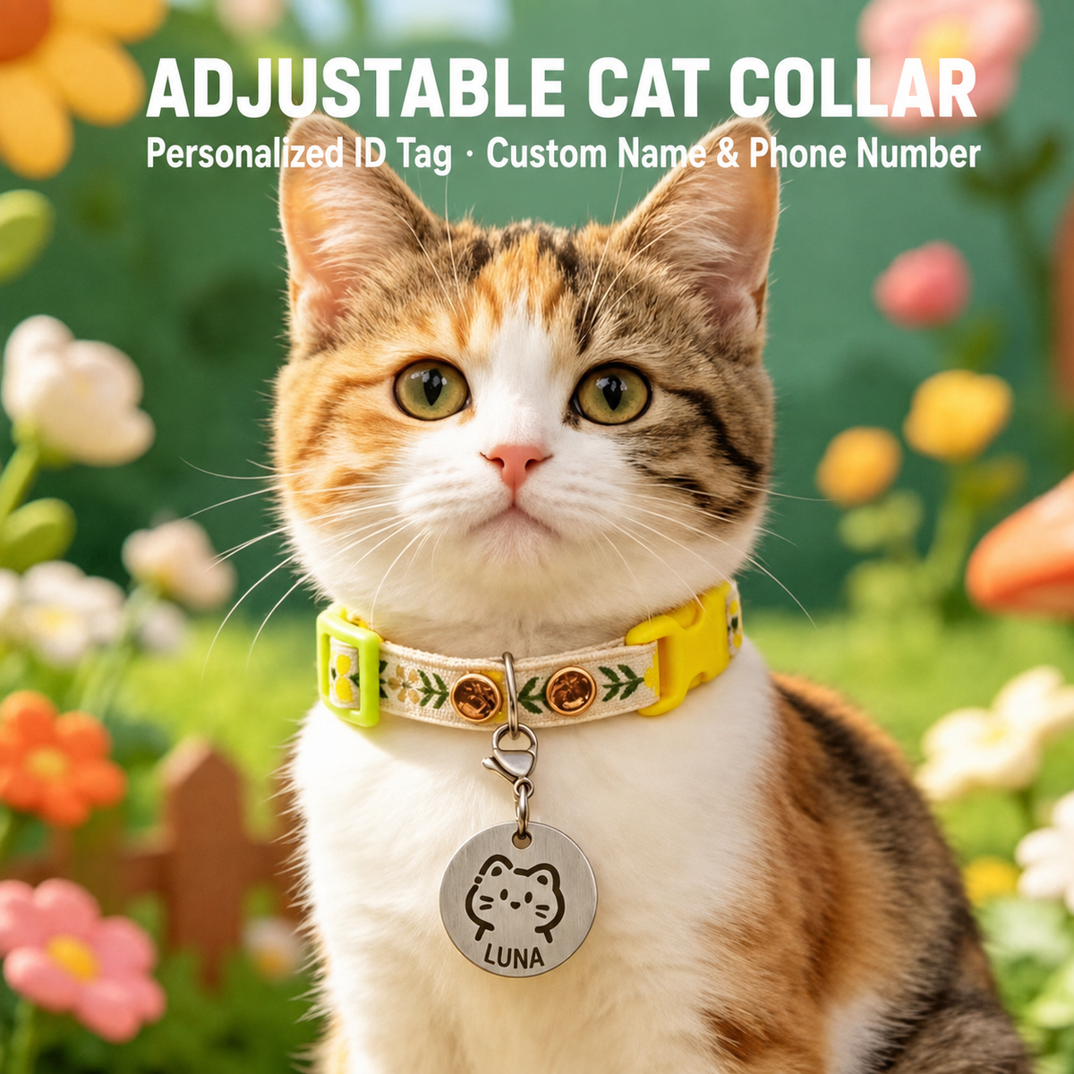 Cat wearing meadow collar with LUNA ID tag