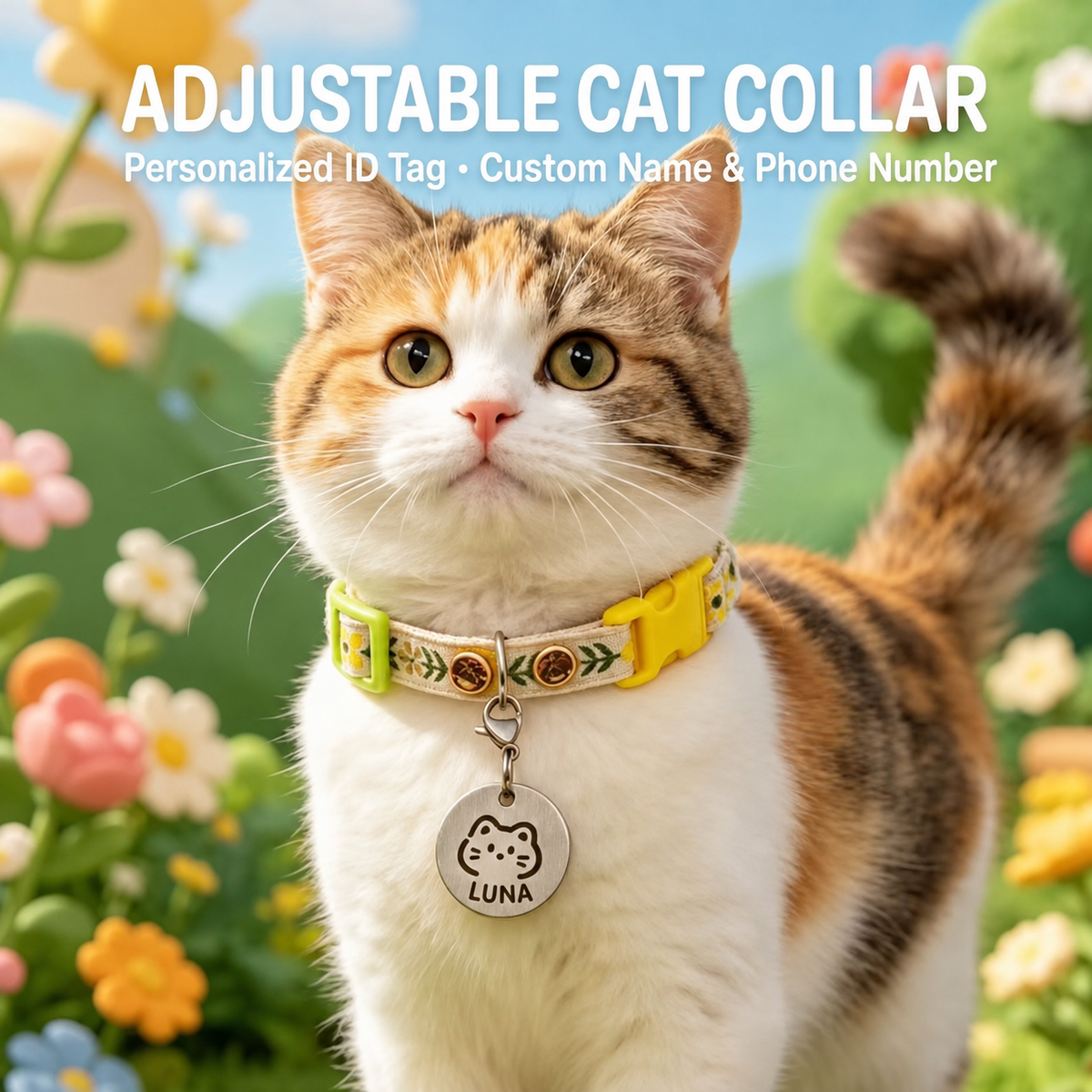 Full-body cat wearing meadow collar with LUNA ID tag