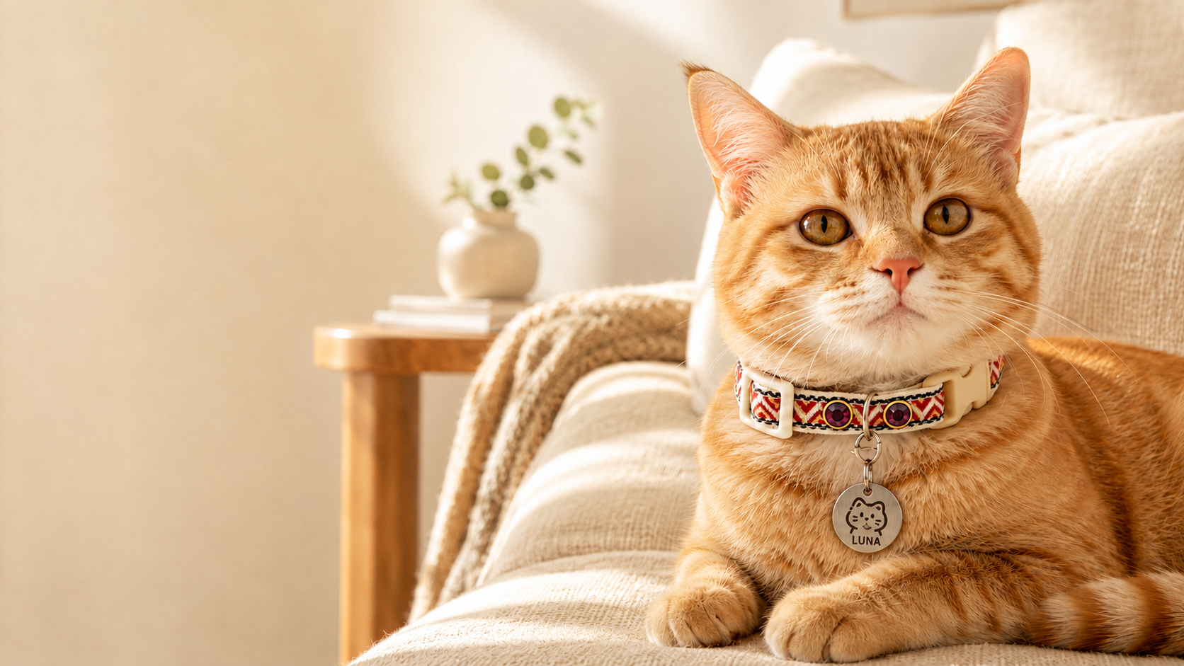 Orange tabby cat wearing EverAura patterned jewelry collar in a warm home